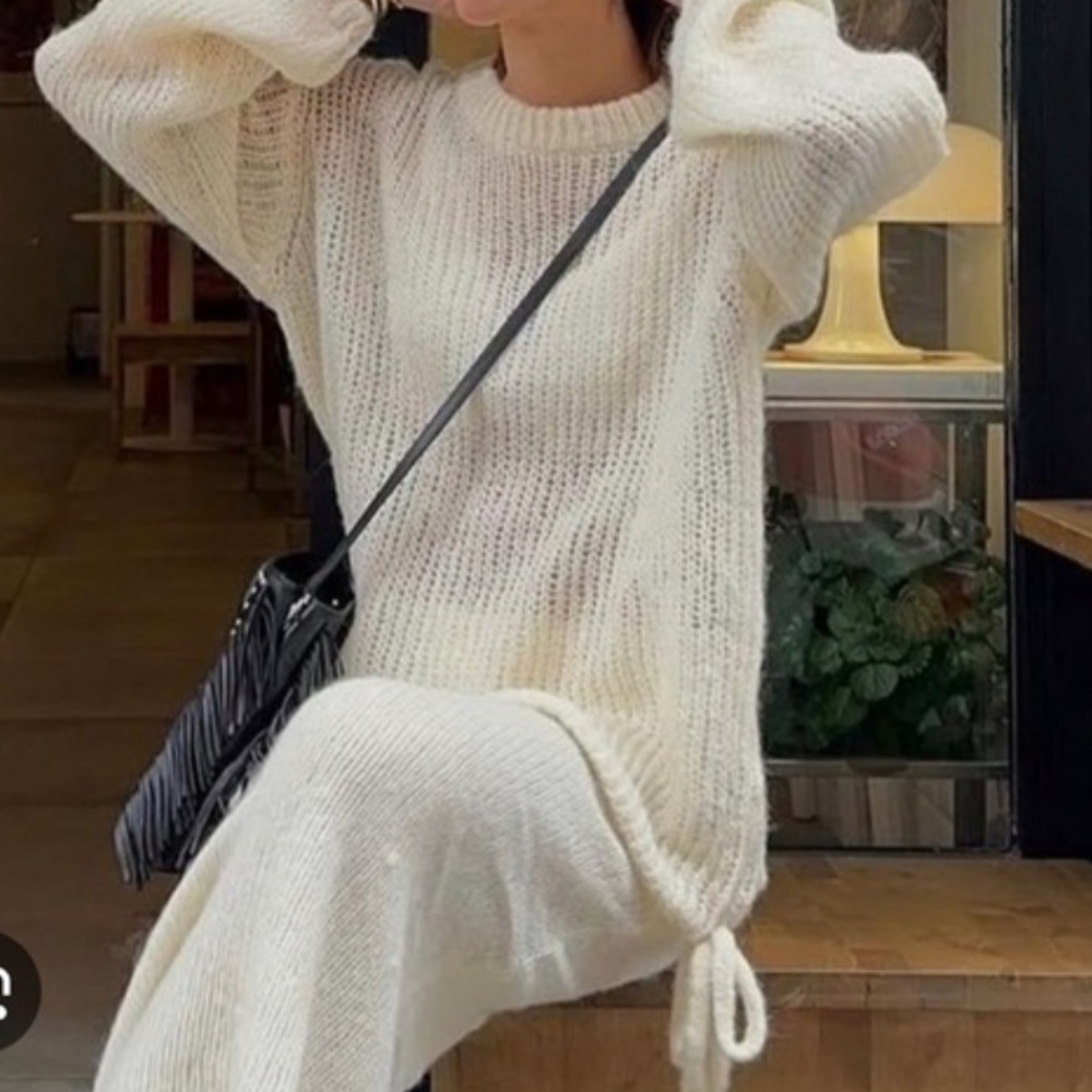 NWT ZARA Cream Wool and Alpaca Blend Drawstring Knit Sweater. Size M